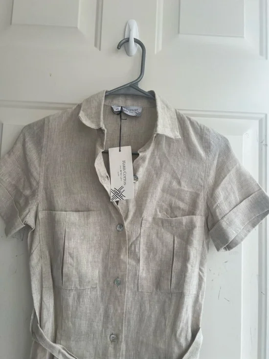 NWT Hiris Cotton Button-Front Short Sleeve Linen Midi Dress in Natural Beige - Picture 3 of 15